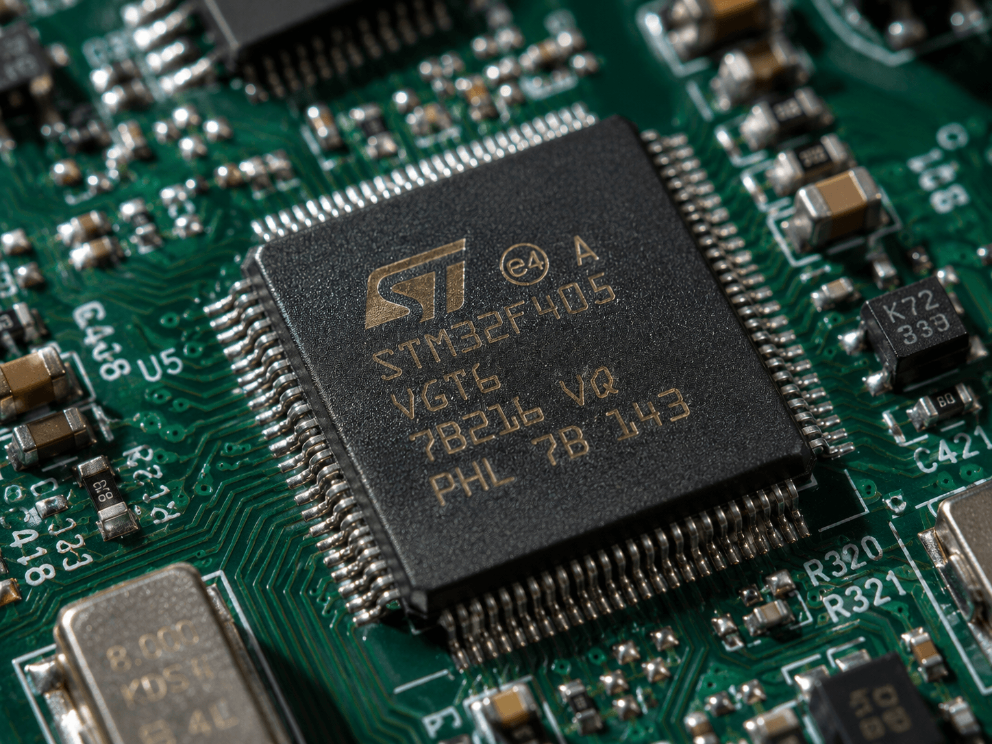 Detailed macro of STM32 microcontroller on PCB
