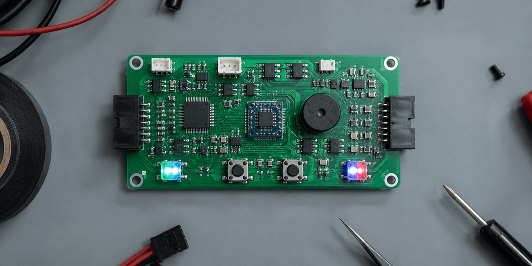 Electronics workbench with detailed PCB