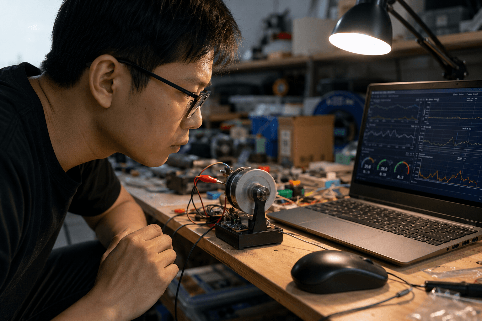 Focused on electronics in a workshop