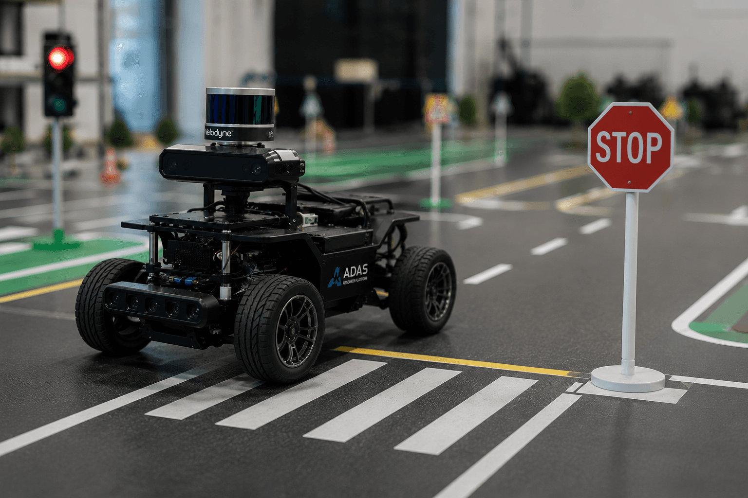 Indoor robotics test track with autonomous vehicle