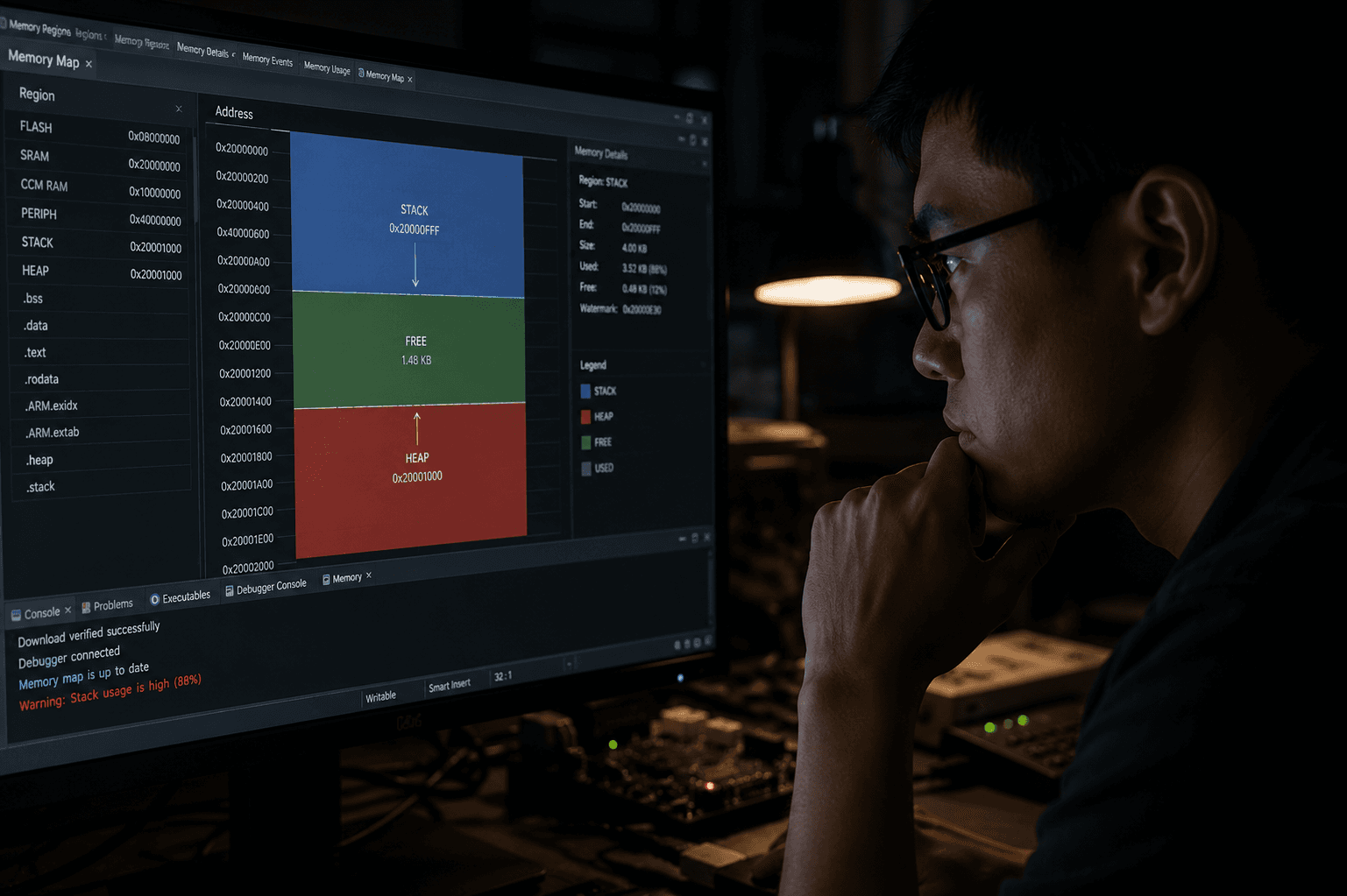 Late-night debugging in a focused workspace