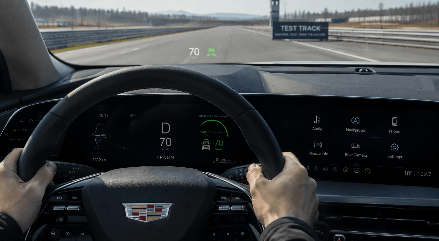 Modern car cockpit on test track