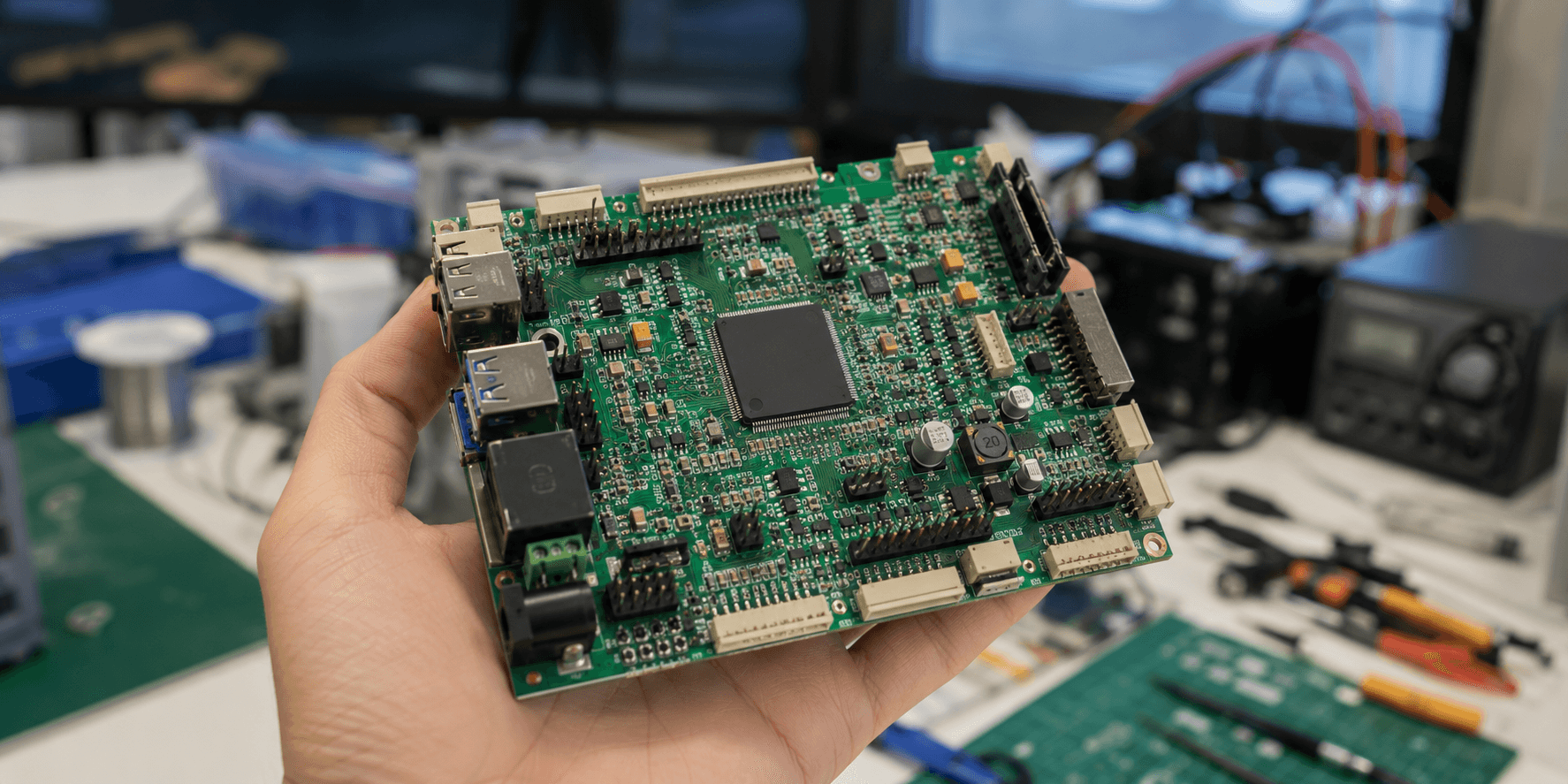 PCB in electronics workshop setting