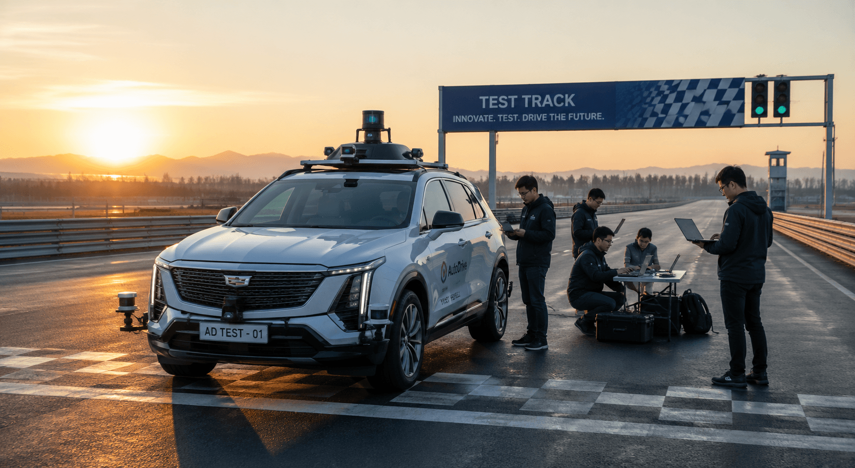 Test vehicle at sunrise on track