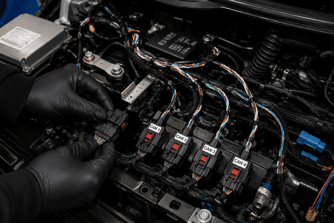 Wiring work in an engine bay