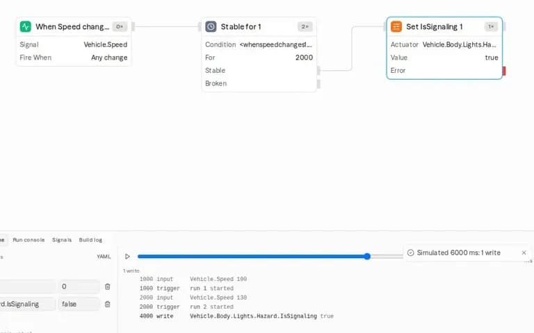 SimVehicleApp studio: the overspeed workflow on the canvas with its simulation timeline (recorded tutorial)