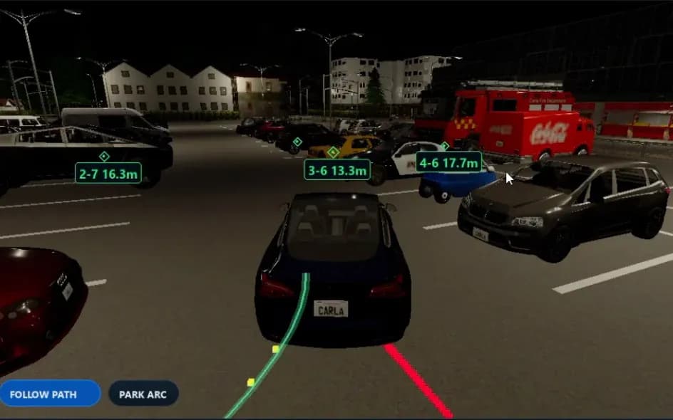 BlinkThor Parking Assist in CARLA Town04: reversing on the park-arc path toward bay 2-1 (recorded run)