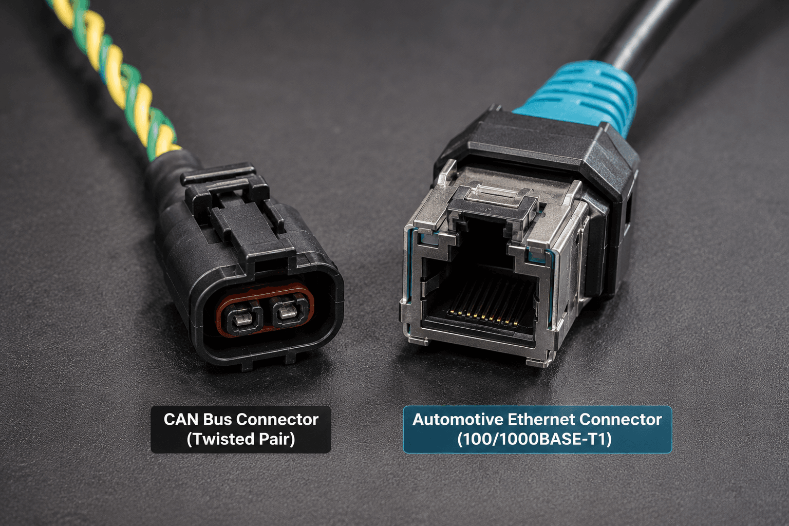 Automotive connectors on dark tabletop