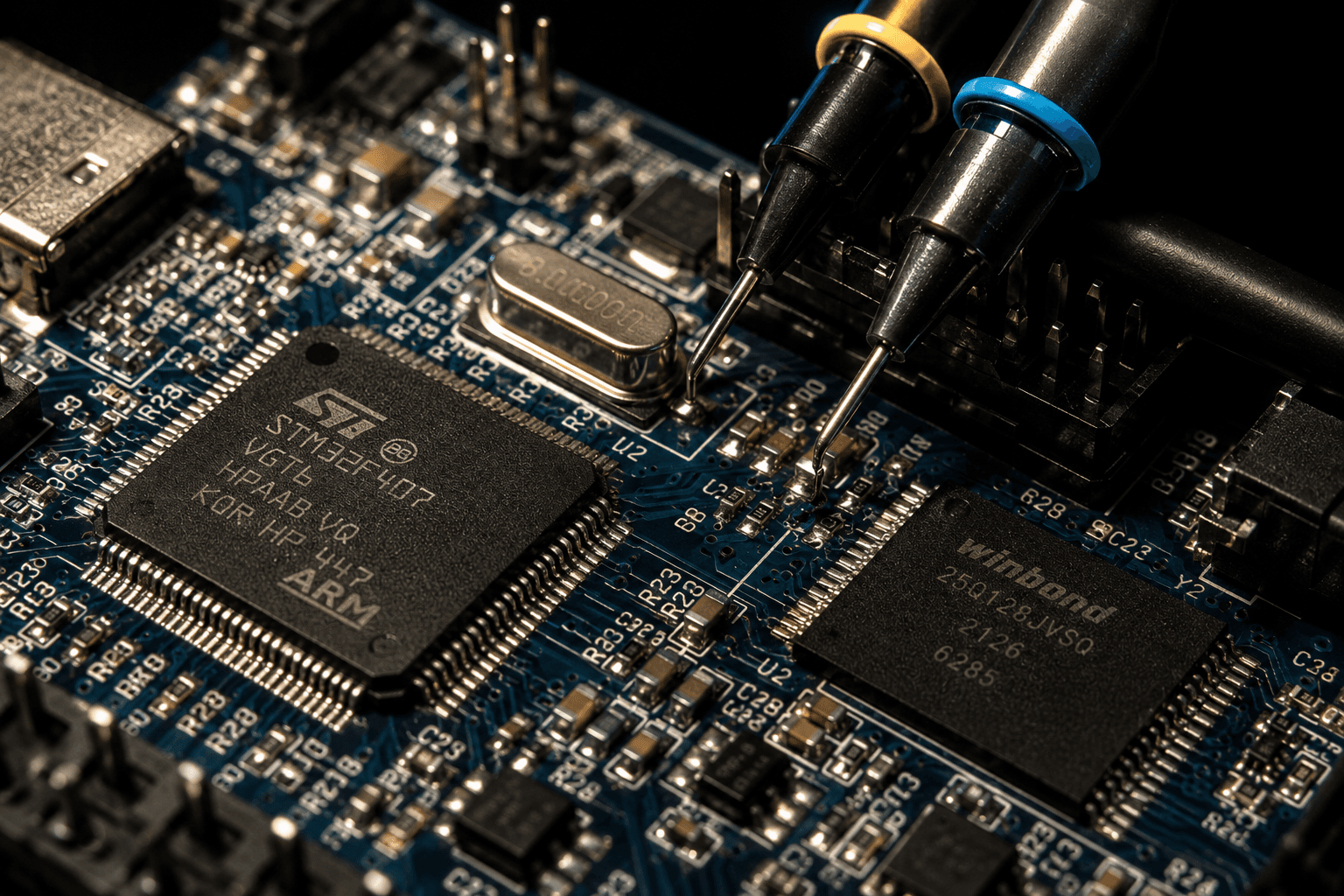 Circuit board close-up with probes