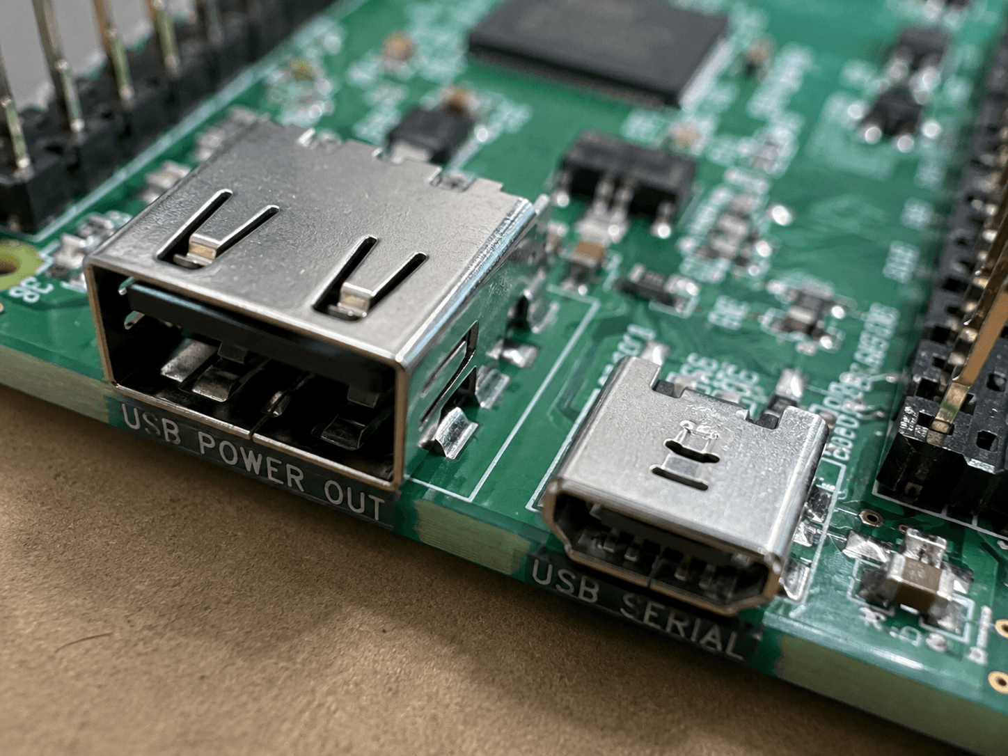 Close-up of USB connectors on PCB