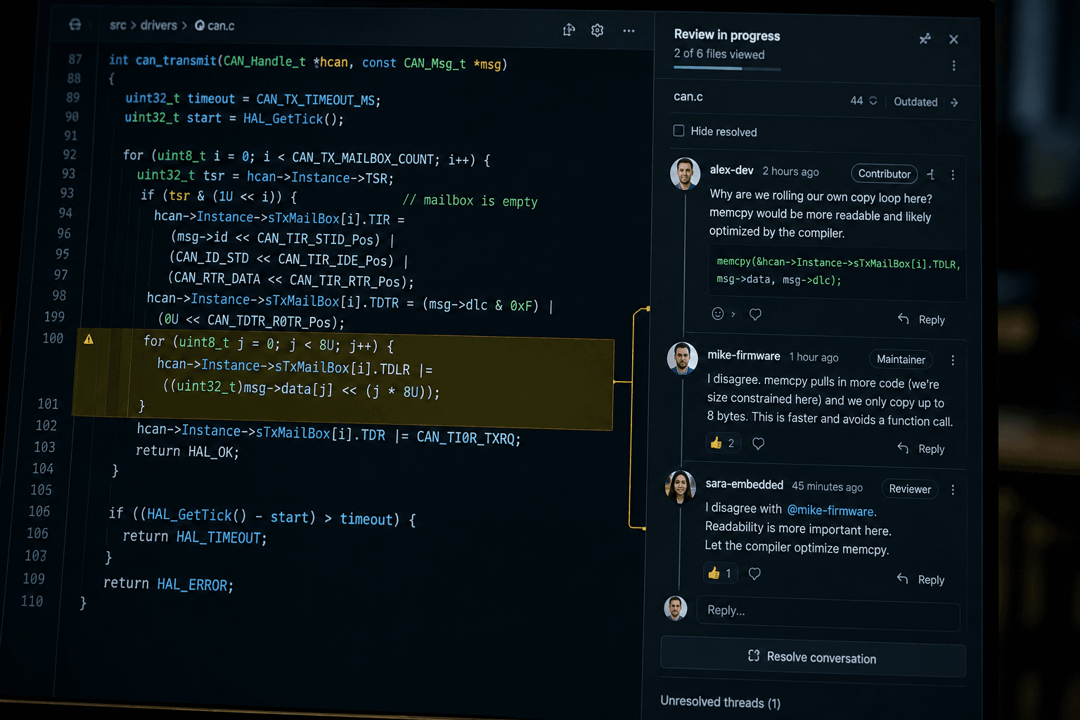 Code review in a developer's workspace