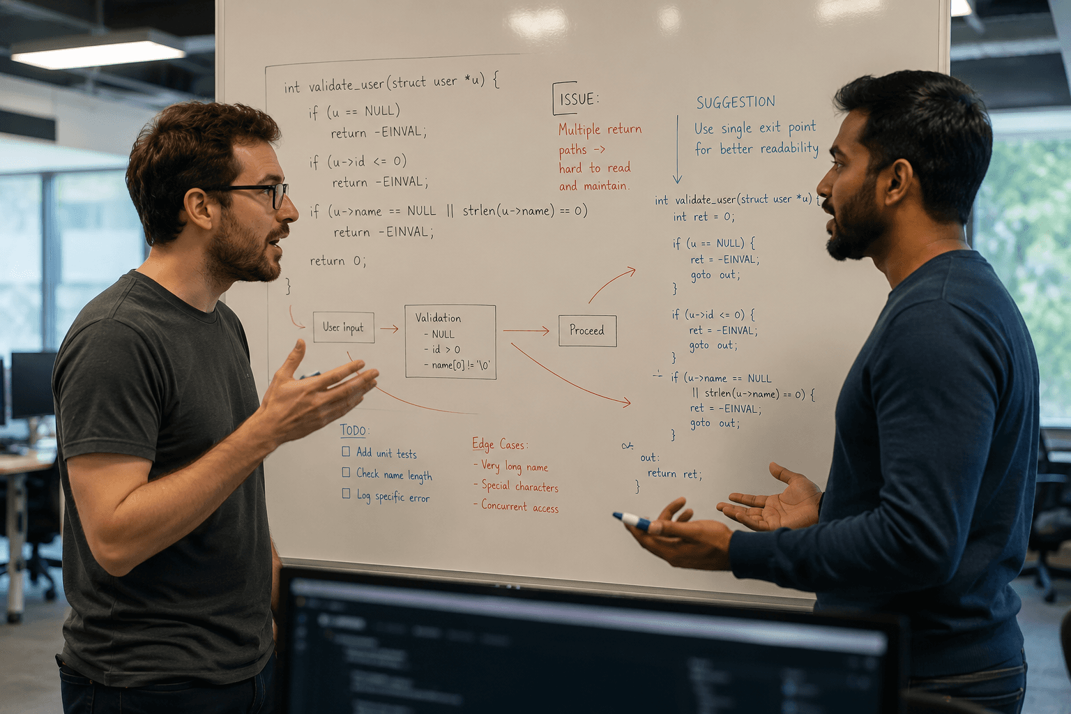 Collaborative coding discussion in office