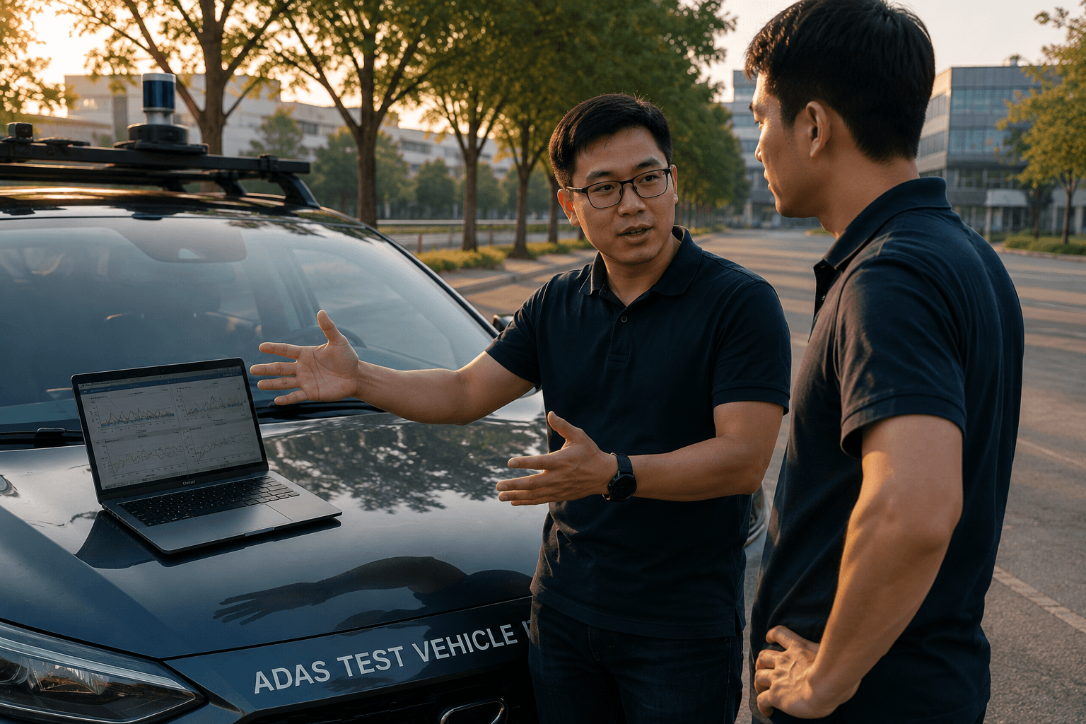 Discussing ADAS test results at sunset