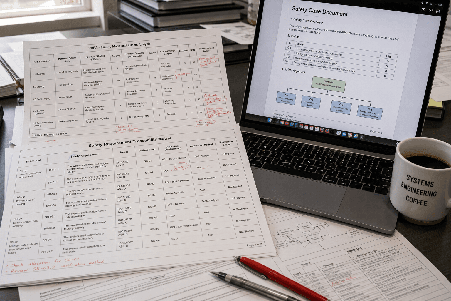 Engineering desk with safety analysis documents