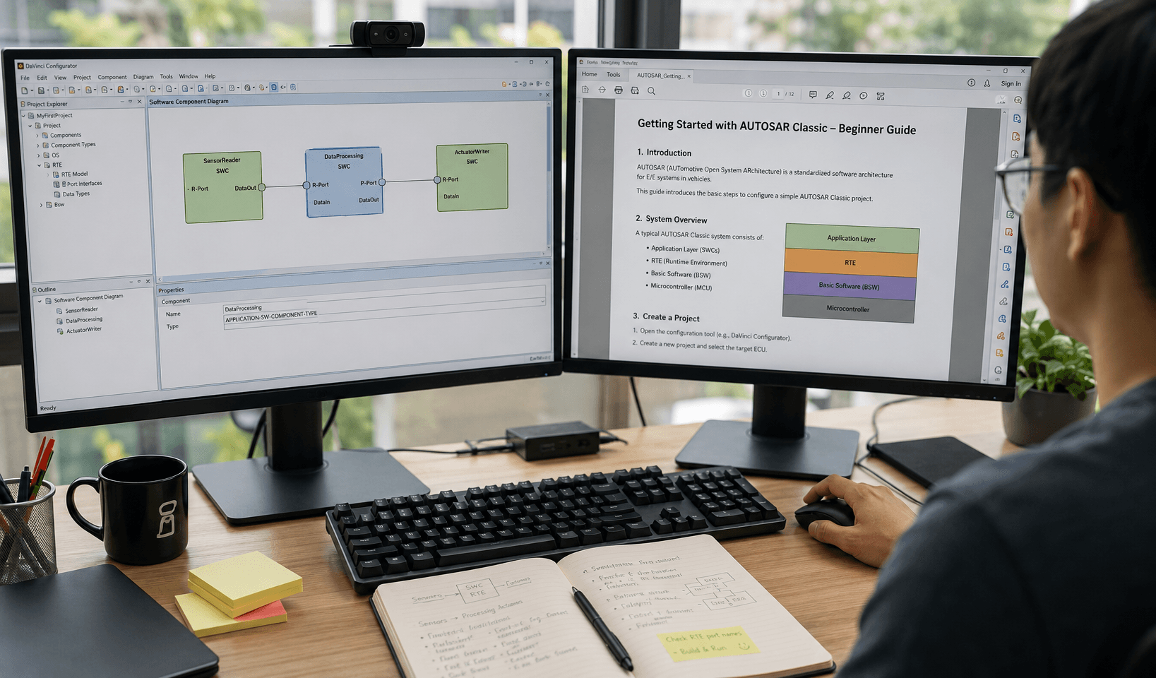 Focused work at a dual-monitor desk