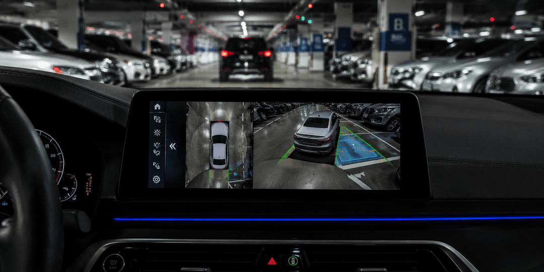 Modern car cockpit in dim garage