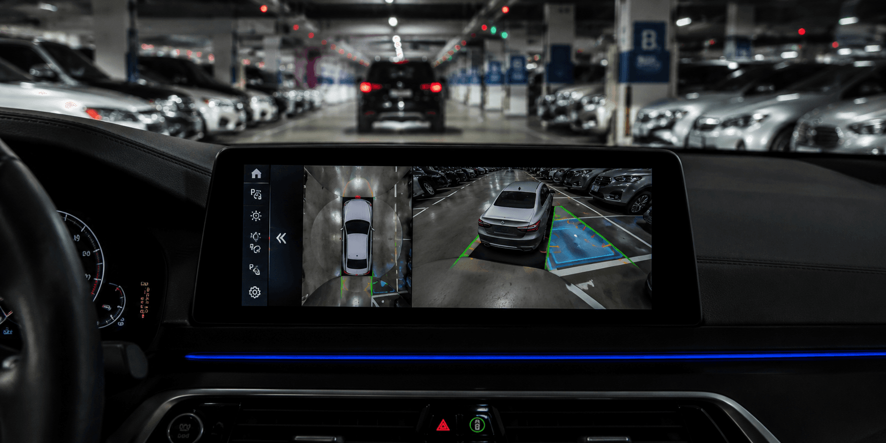Modern car cockpit in dim garage