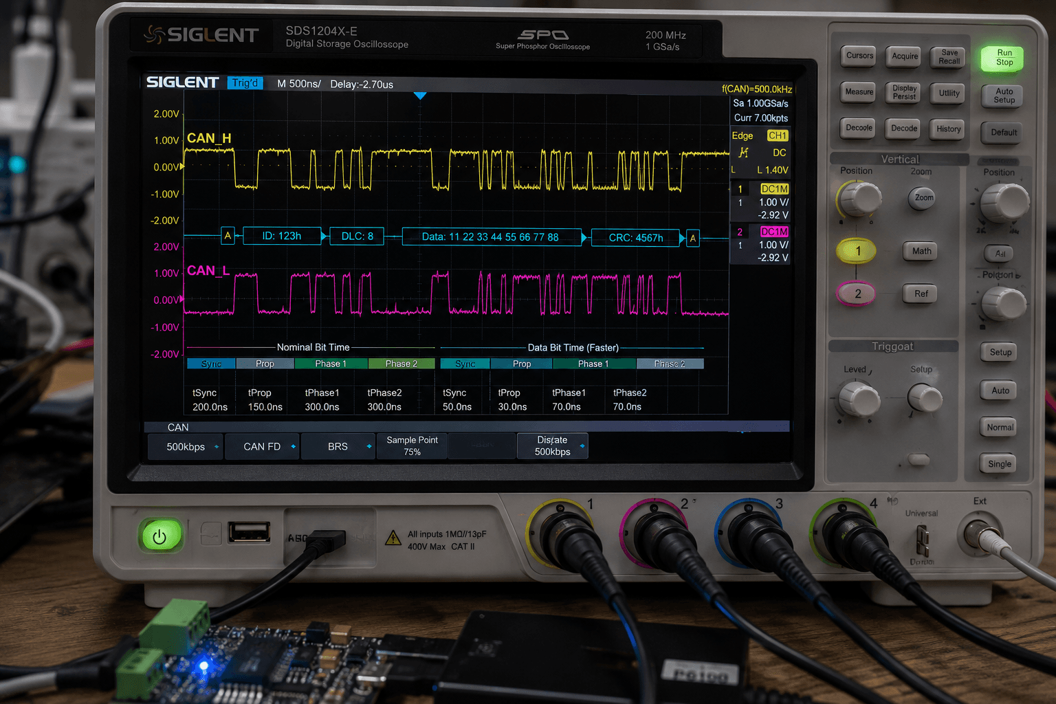 Oscilloscope and circuit board at work