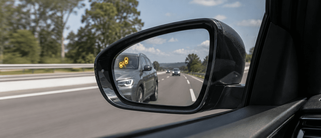 Side mirror reflections on highway drive