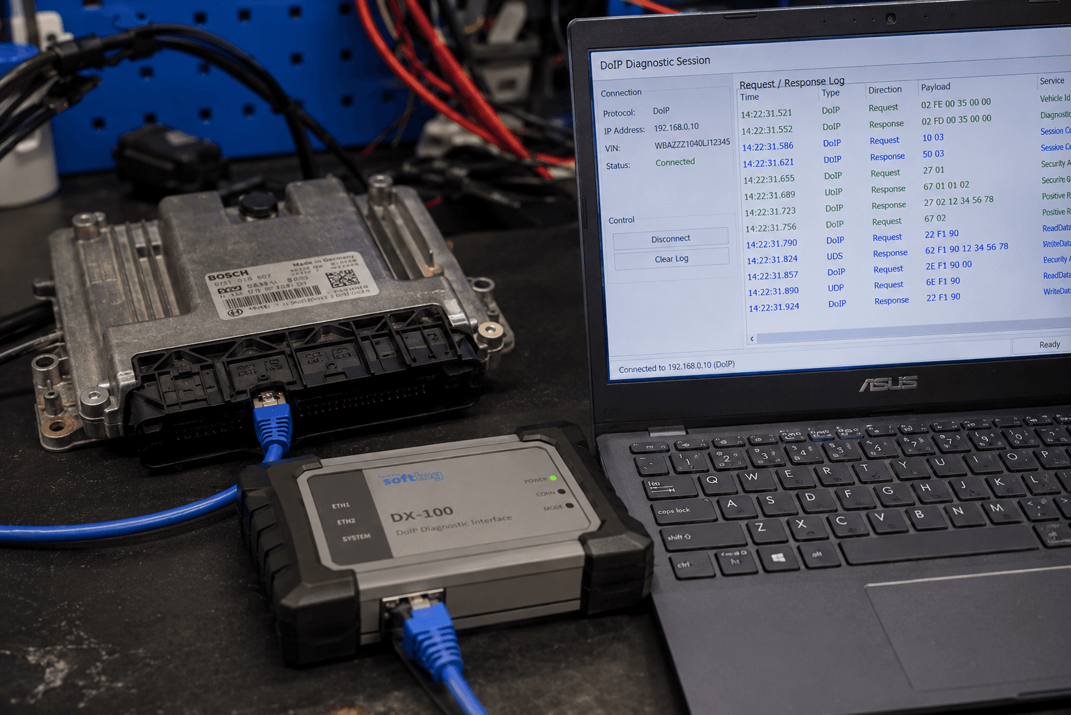 Tech bench with diagnostic setup