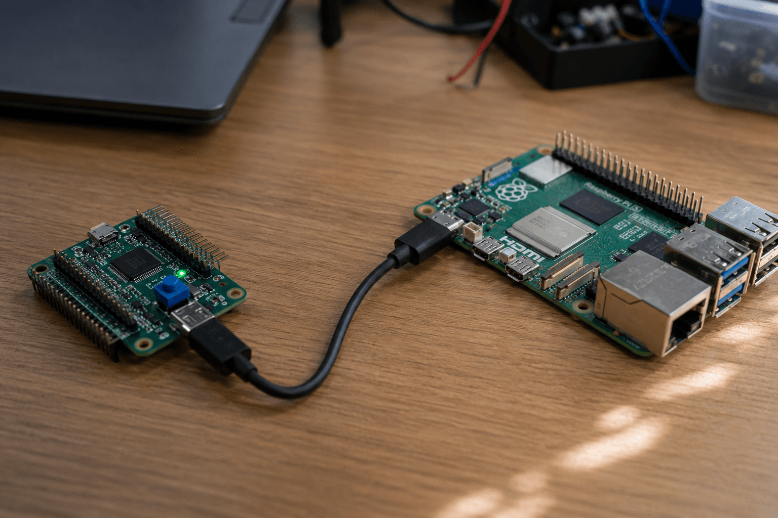 Tech hobbyist desk with Raspberry Pi