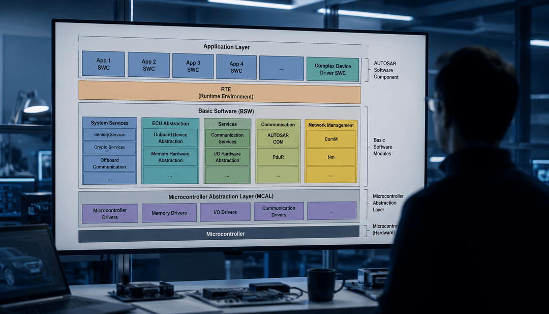 Tech lab with AUTOSAR architecture diagram