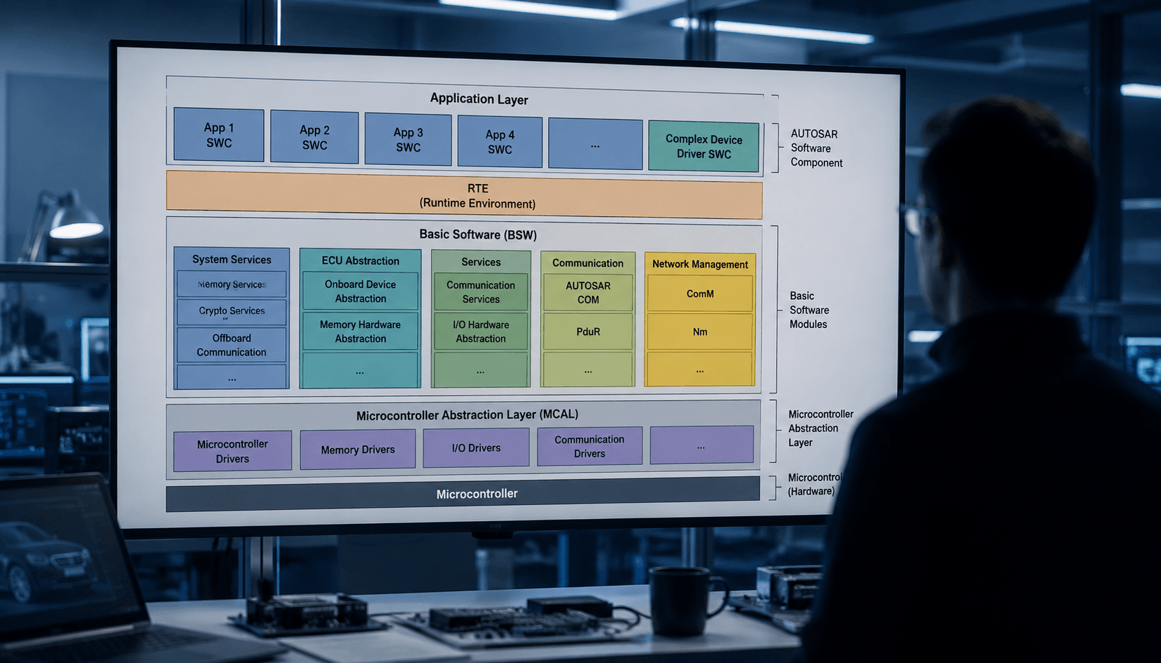 Tech lab with AUTOSAR architecture diagram