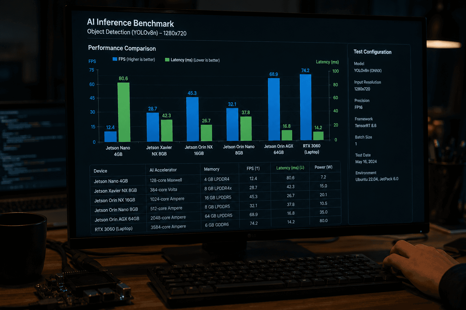 Tech workspace with AI benchmark chart