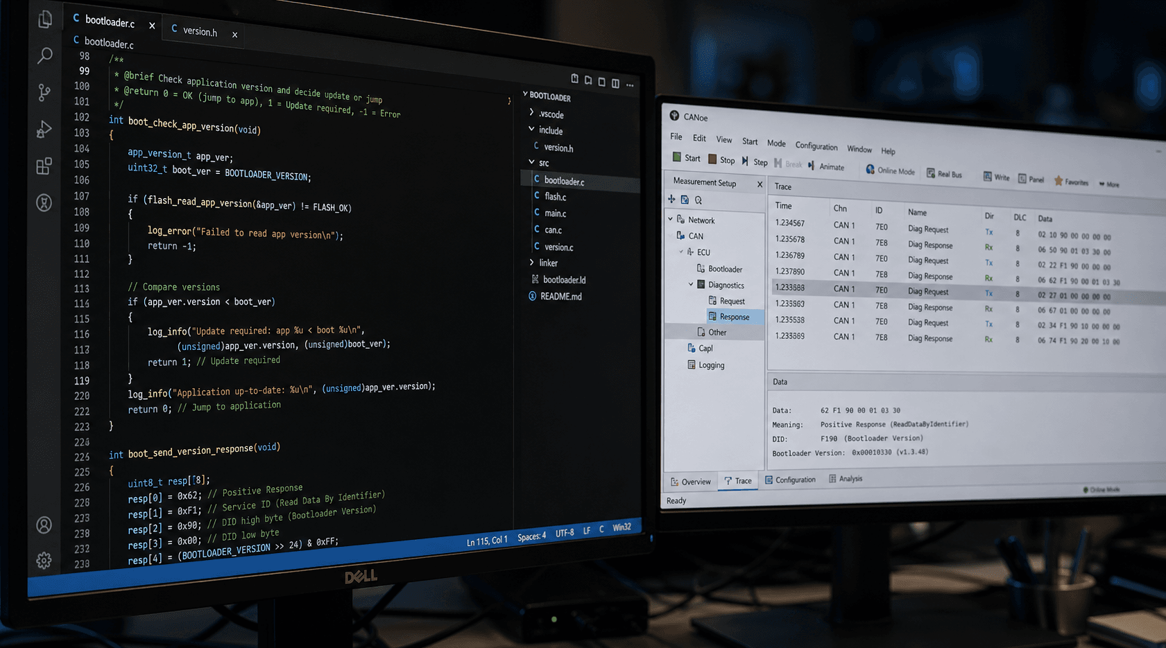 Tech workspace with code and diagnostics