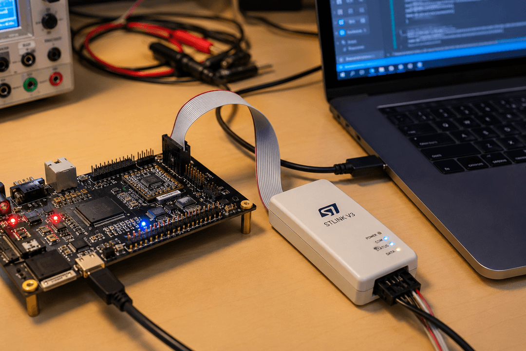 Tech workspace with electronics and debugging setup