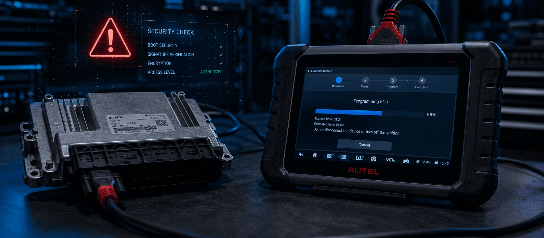 Tech workstation with ECU and warning