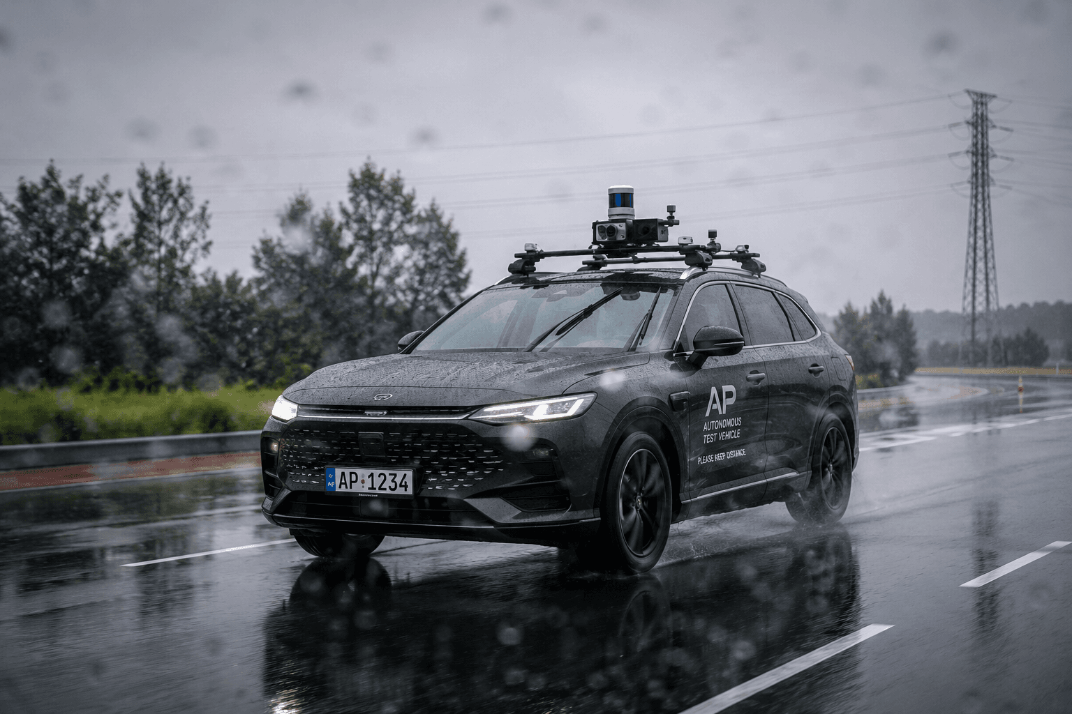 Test vehicle on rainy highway