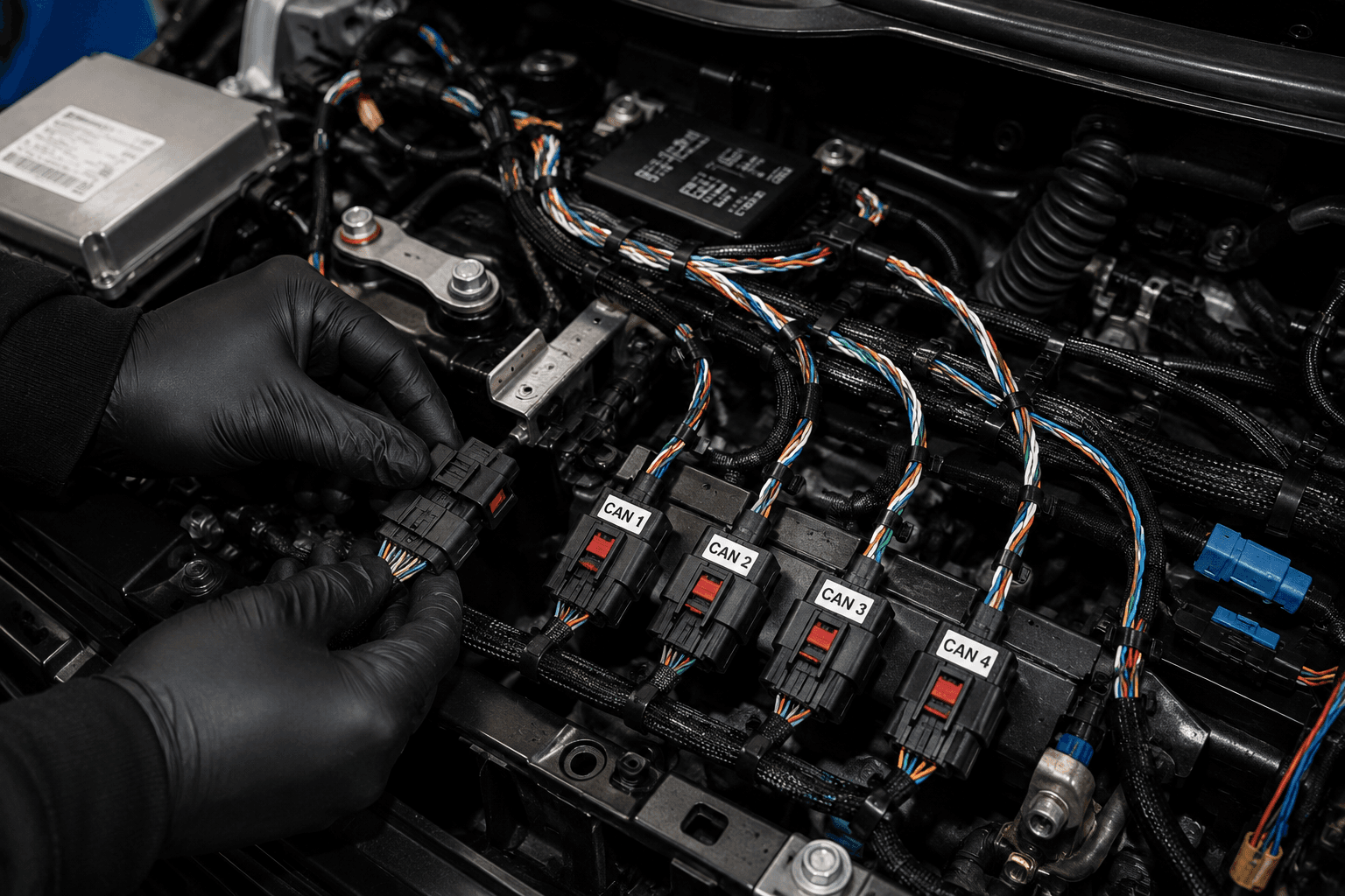 Wiring work in an engine bay