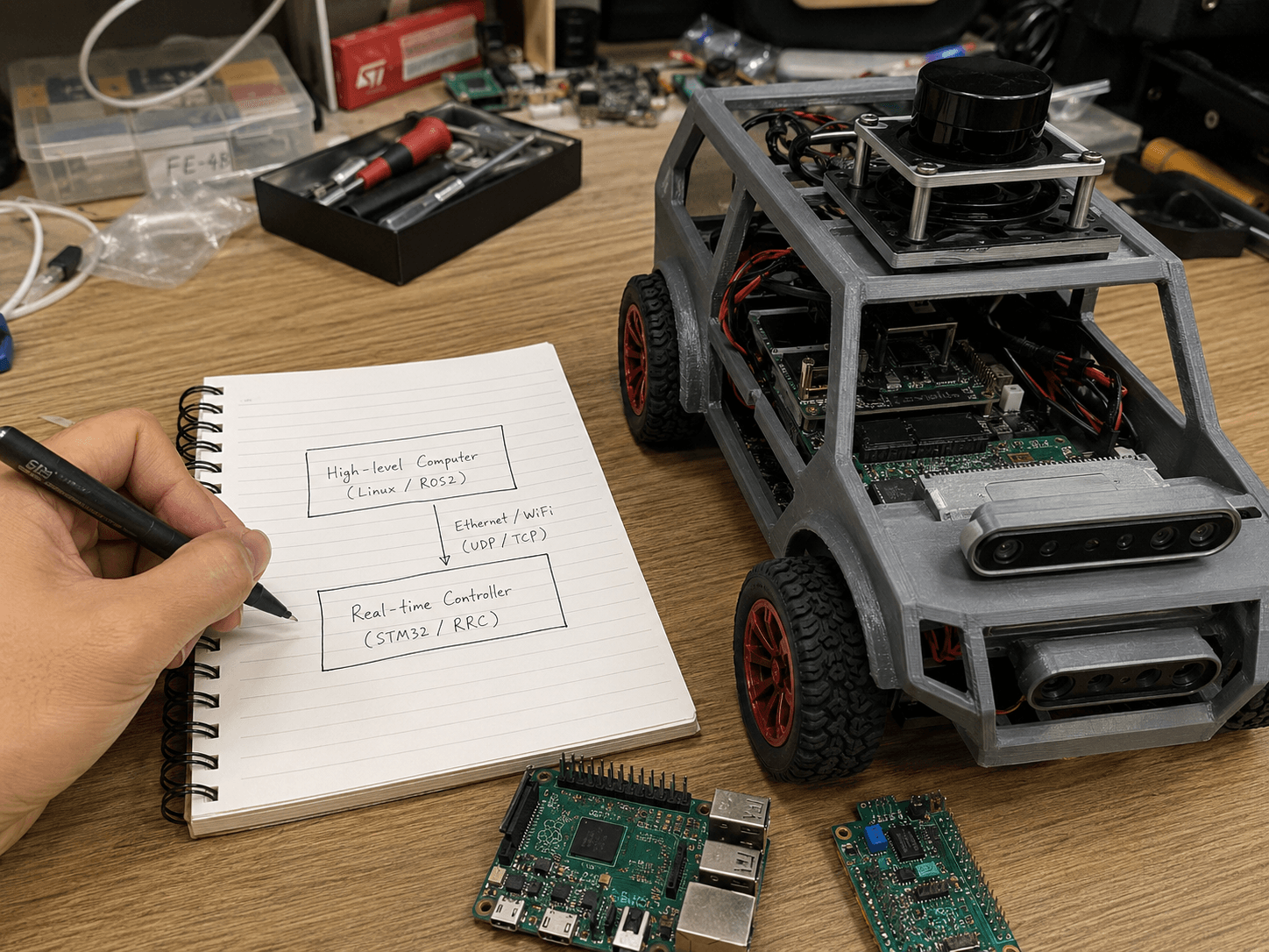 Workbench with robot assembly and notes